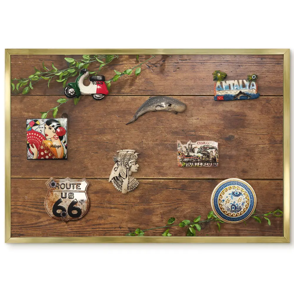 Tableau magnétique encadré motif planches de bois et feuilles vertes