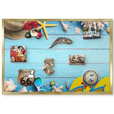 Tableau magnétique encadré motif ambiance estivale avec coquillages et planches bleues