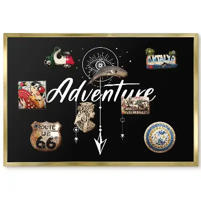 Tableau magnétique encadré avec motif mystérieux et inscription contrastée