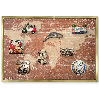 Tableau magnétique encadré représentant une carte du monde sur fond de briques au style industriel