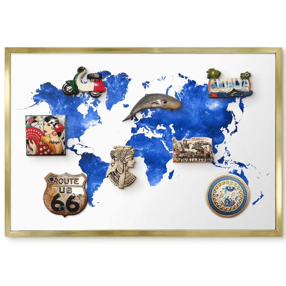 Tableau magnétique encadré carte du monde artistique fond bleu