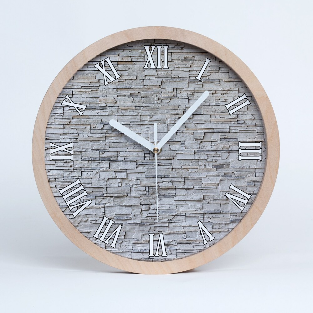 Horloge ronde en bois Mur de pierres