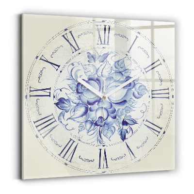Horloge carrée en verre Fleurs bleues