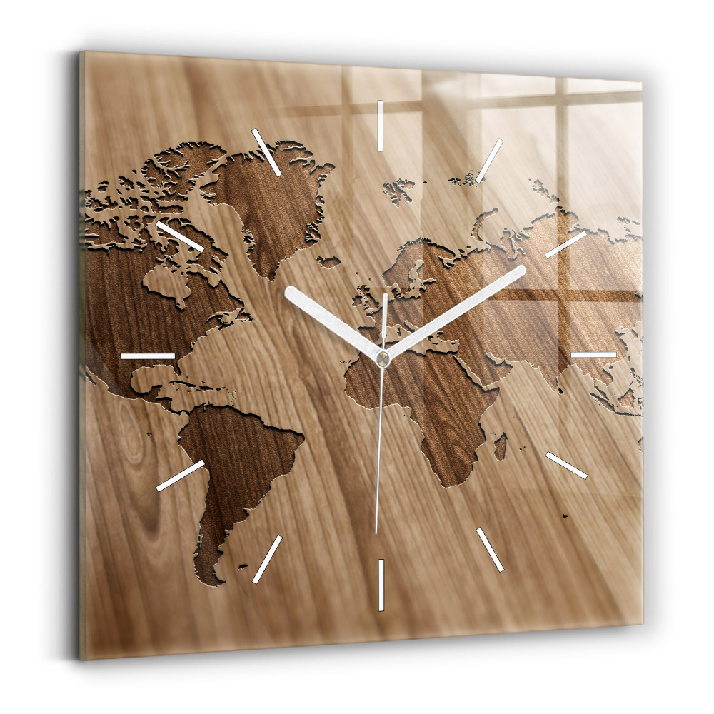 Horloge carrée en verre Carte du monde sur bois