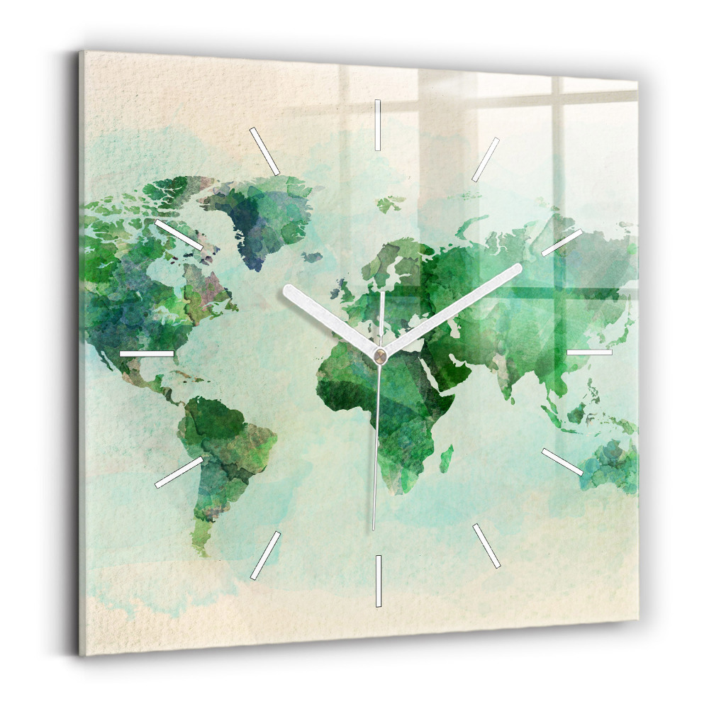Horloge carrée en verre Aquarelle carte du monde