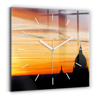 Horloge carrée en verre Bâtiment et coucher de soleil