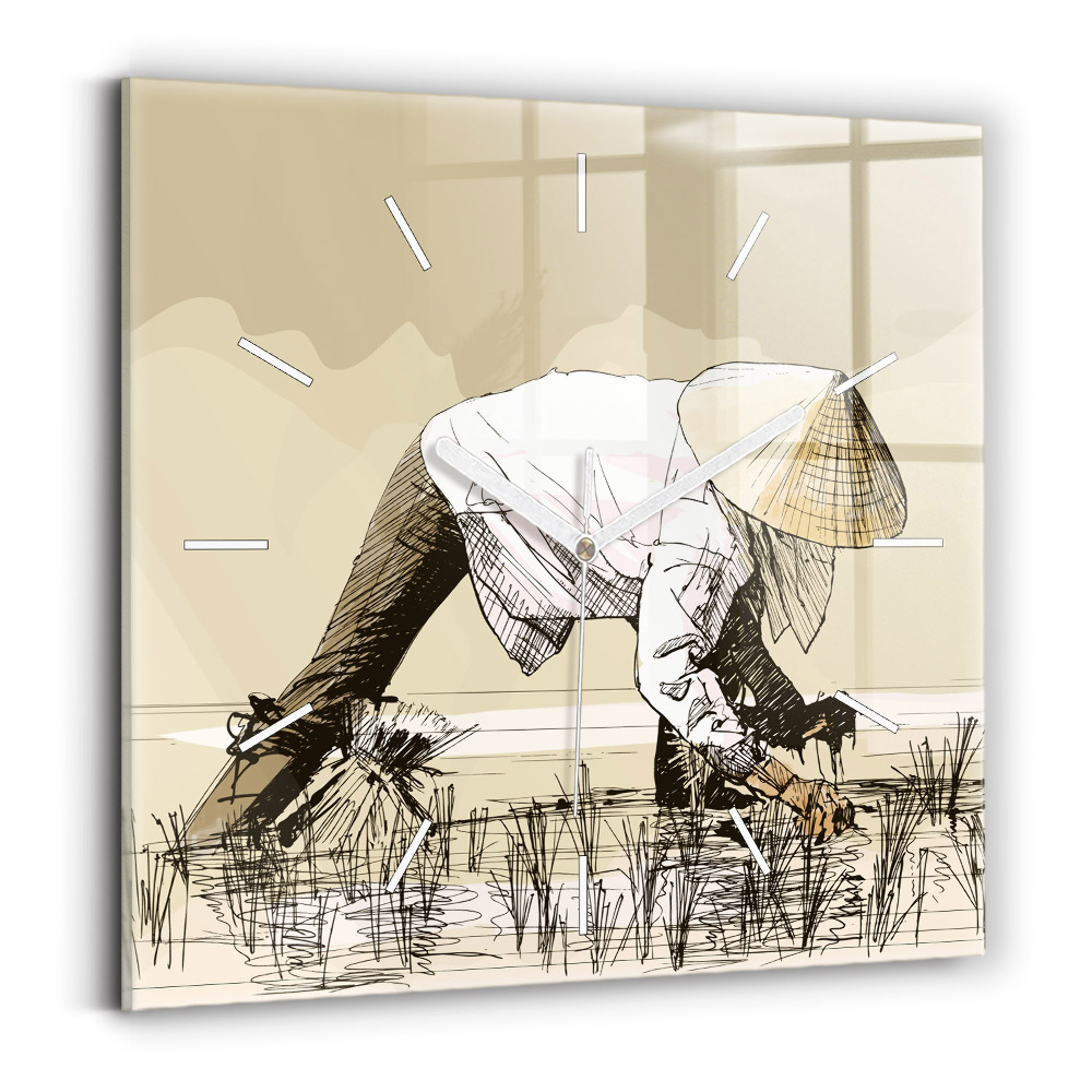 Pendule carrée en verre Femme cueillant du riz