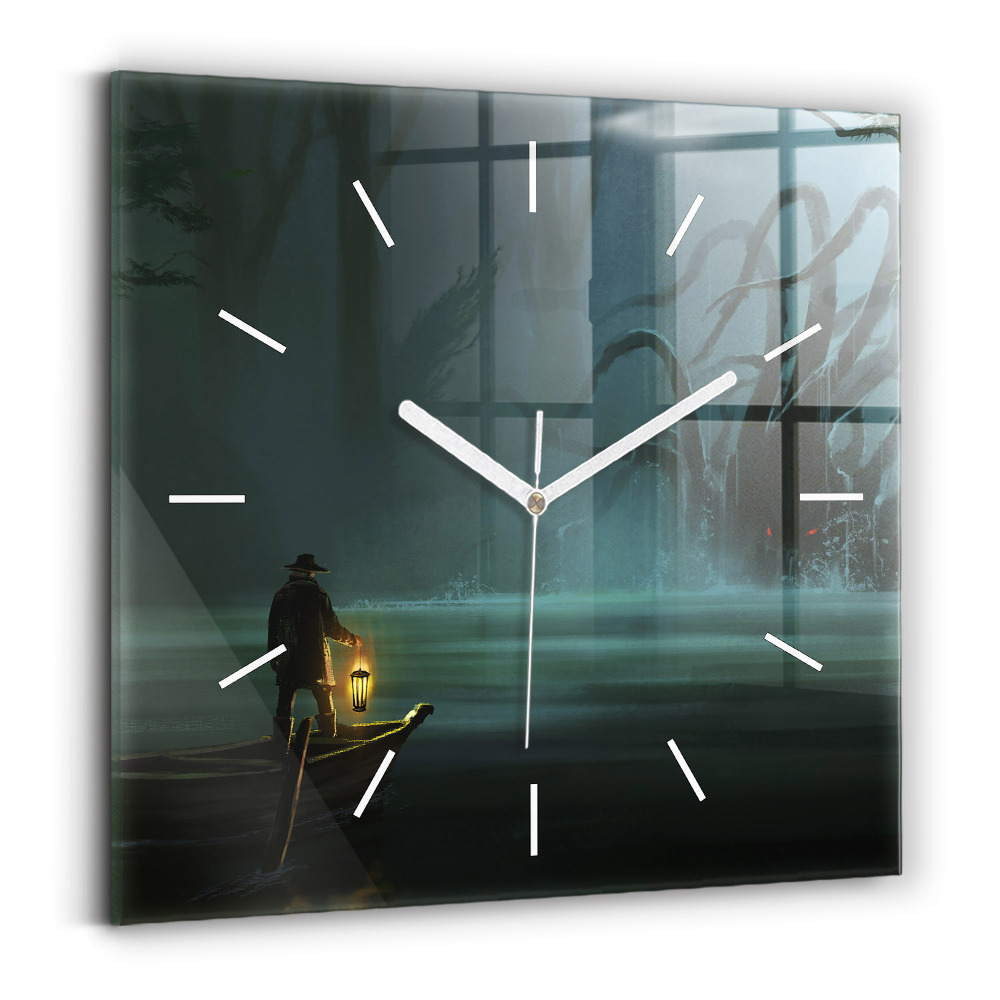 Pendule carrée en verre Homme et monstre dans un marais