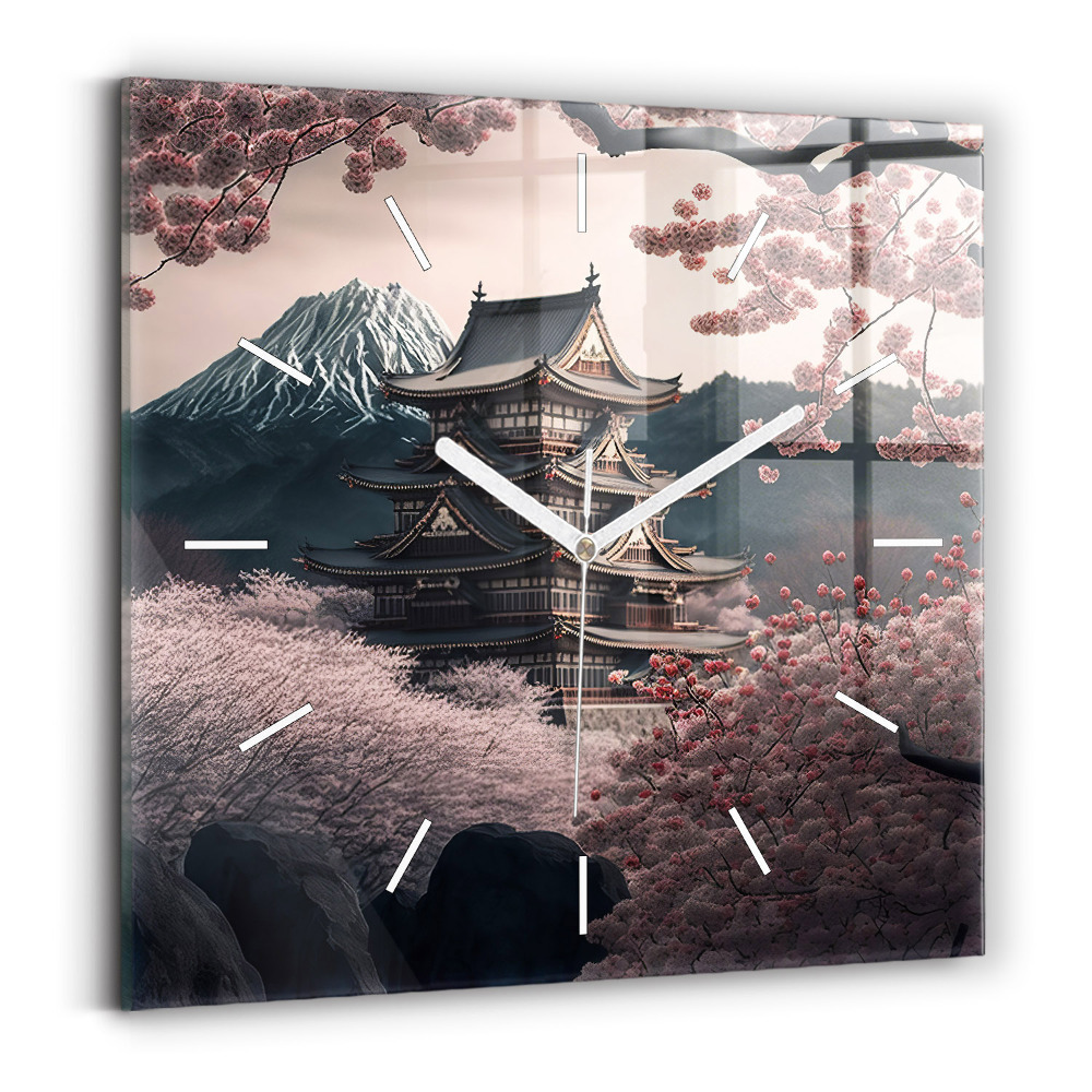 Horloge carrée en verre Tour et fleurs en Asie