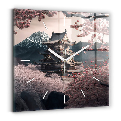 Horloge carrée en verre Tour et fleurs en Asie
