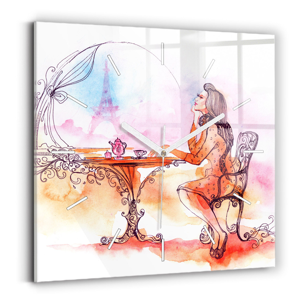 Horloge carrée en verre Femme buvant du thé