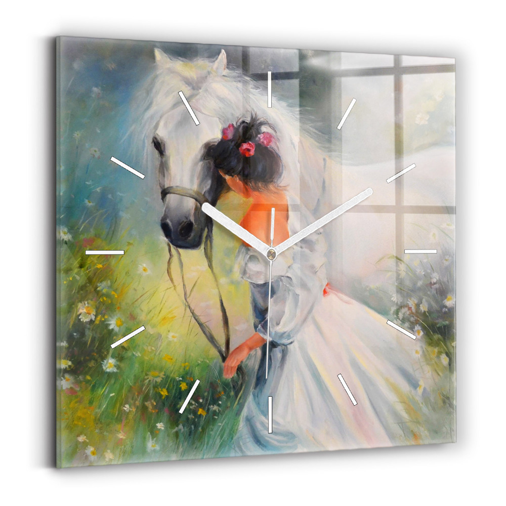 Horloge murale carrée Belle femme avec cheval