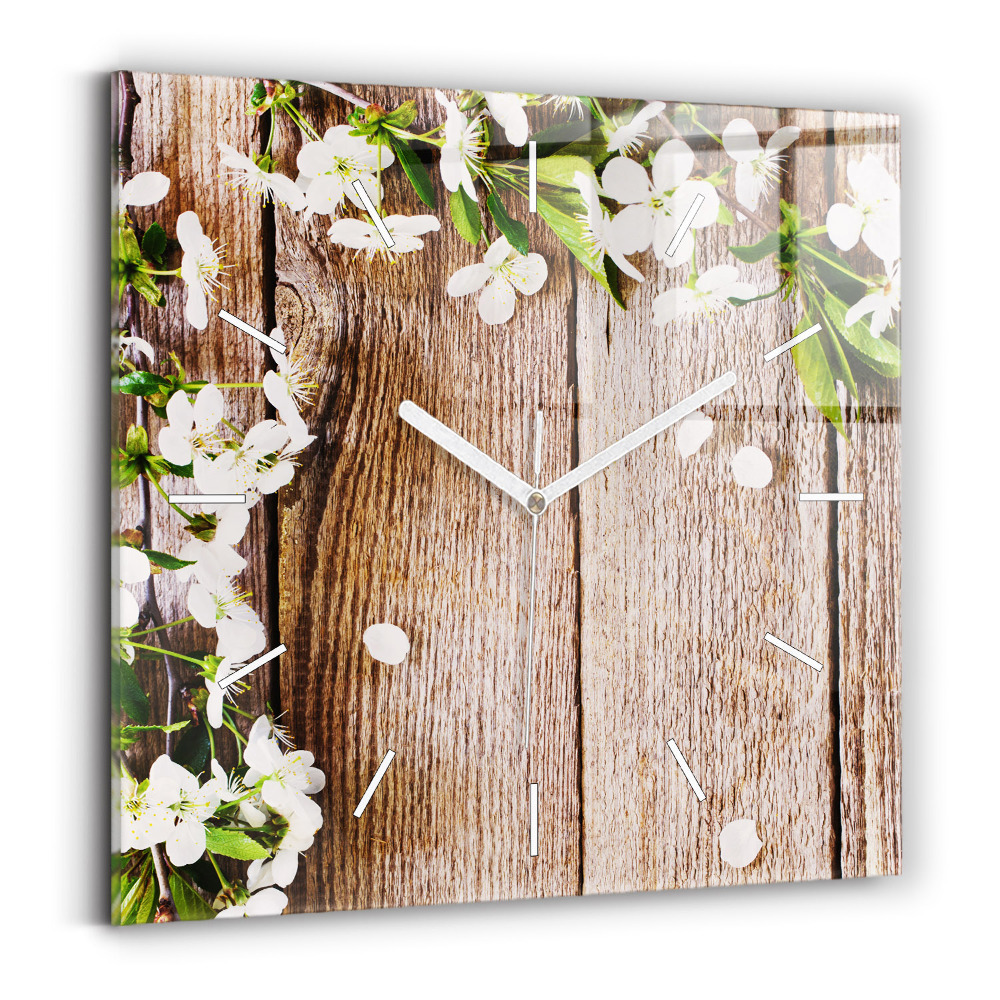 Horloge carrée en verre Fleurs sur bois
