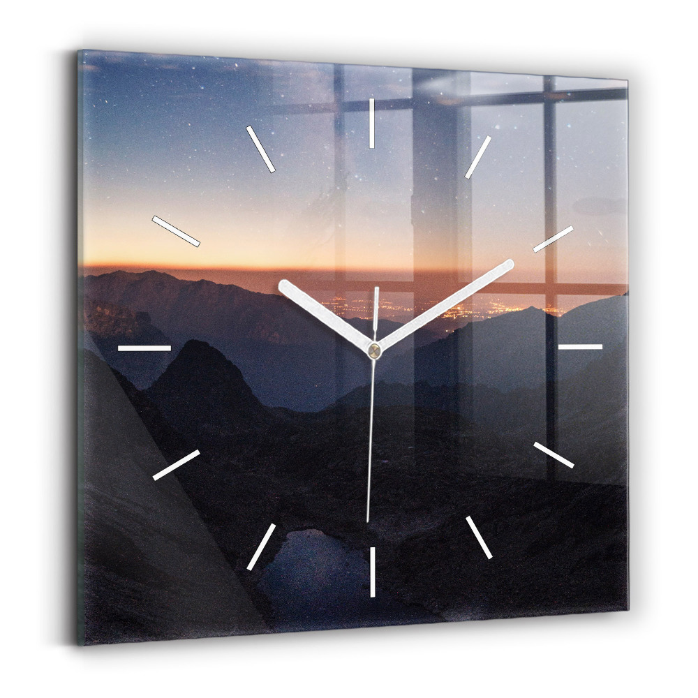 Horloge carrée en verre Montagnes au coucher du soleil