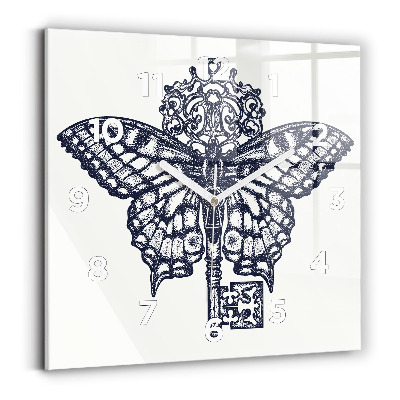 Pendule carrée en verre Papillon et clé - style boho