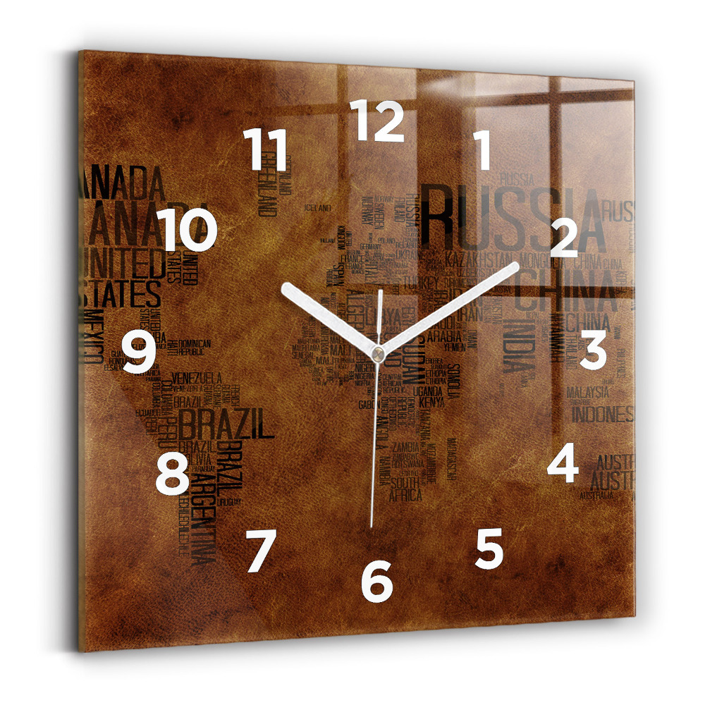 Horloge carrée en verre Carte et noms de pays