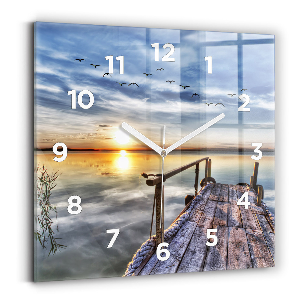 Horloge carrée en verre Lac au coucher du soleil