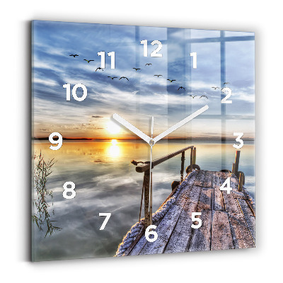 Horloge carrée en verre Lac au coucher du soleil