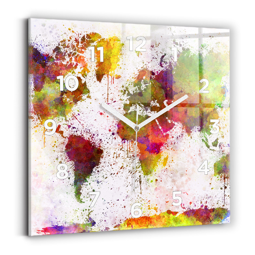 Pendule carrée en verre Carte du monde en aquarelle