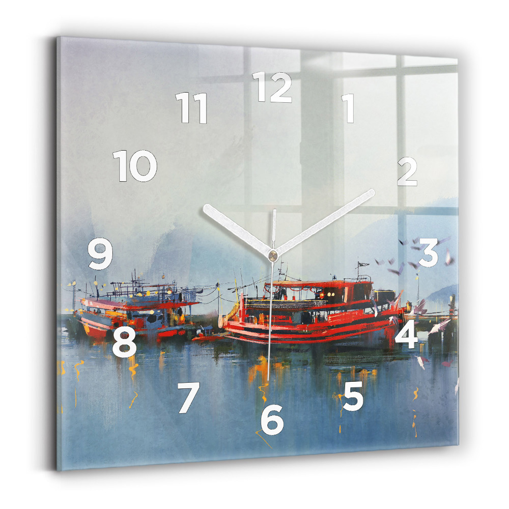 Horloge murale carrée Bateau de pêche dans le port