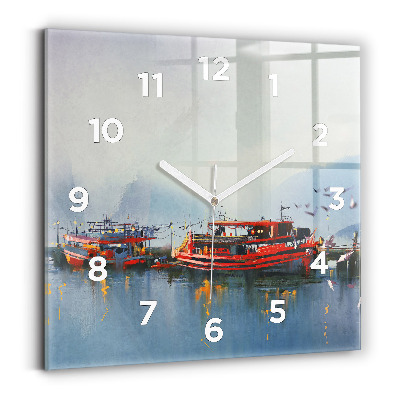 Horloge murale carrée Bateau de pêche dans le port