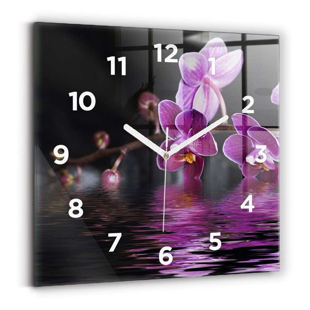 Horloge carrée en verre Fleur d'orchidée sur l'eau