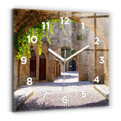 Pendule carrée en verre Rue pittoresque de Rhodes