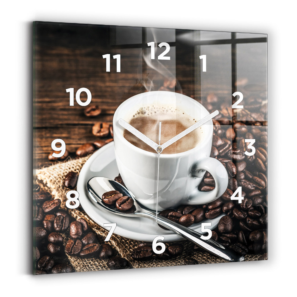 Horloge carrée en verre Tasse et grains de café