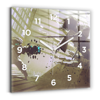 Pendule carrée en verre Combat entre un robot et un samouraï