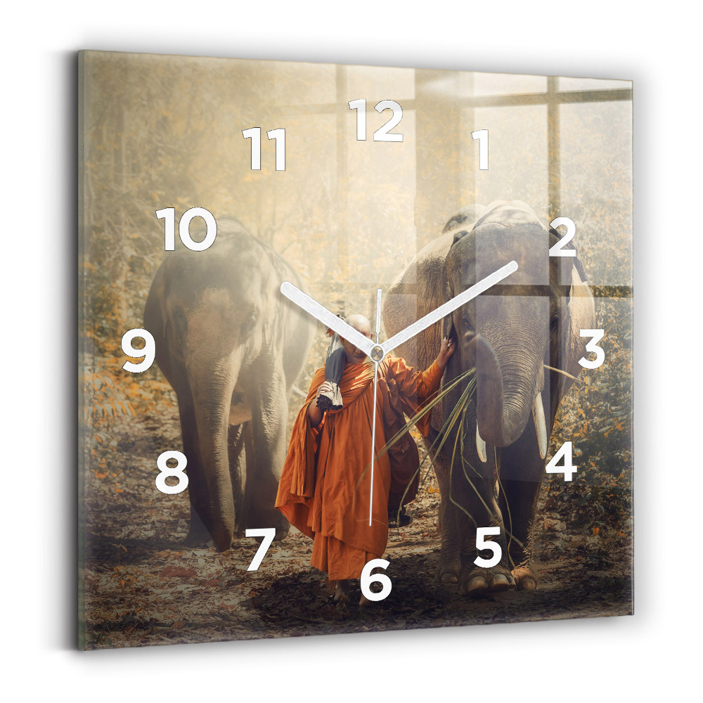 Horloge carrée en verre Moine guidant des éléphants
