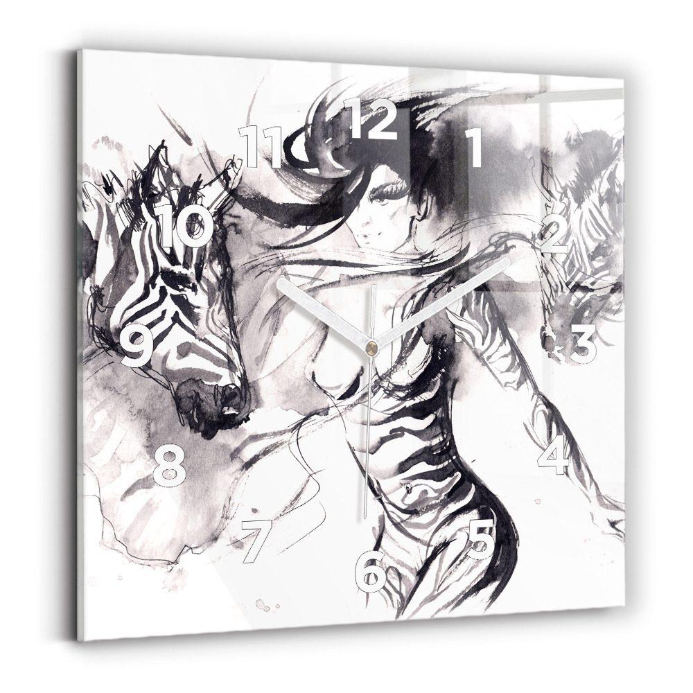 Horloge carrée en verre Femme et zèbres