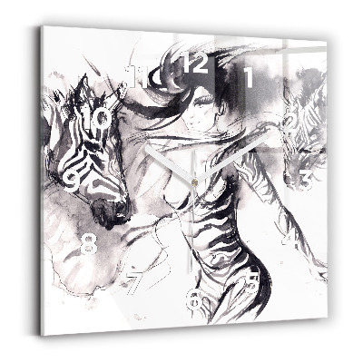 Horloge carrée en verre Femme et zèbres