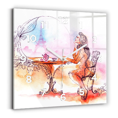 Horloge carrée en verre Femme buvant du thé