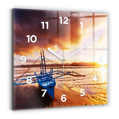 Pendule carrée en verre Bateau et coucher de soleil
