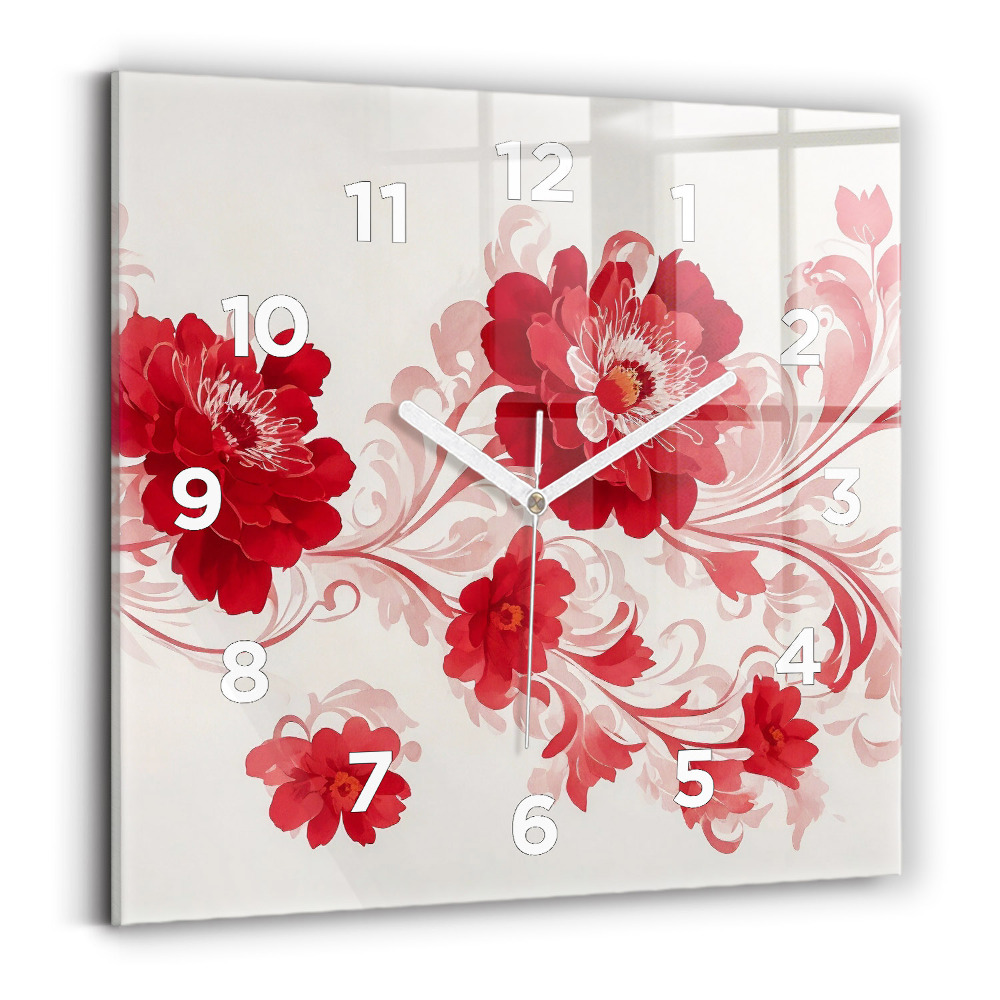 Horloge carrée en verre Fleurs rouges