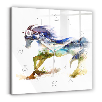 Horloge carrée en verre Montagne peinte et cheval