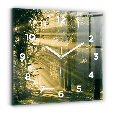 Horloge carrée en verre Rayons de soleil Forêt