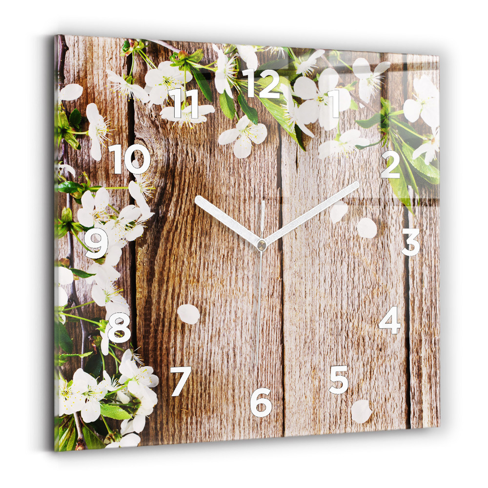 Horloge carrée en verre Fleurs sur bois
