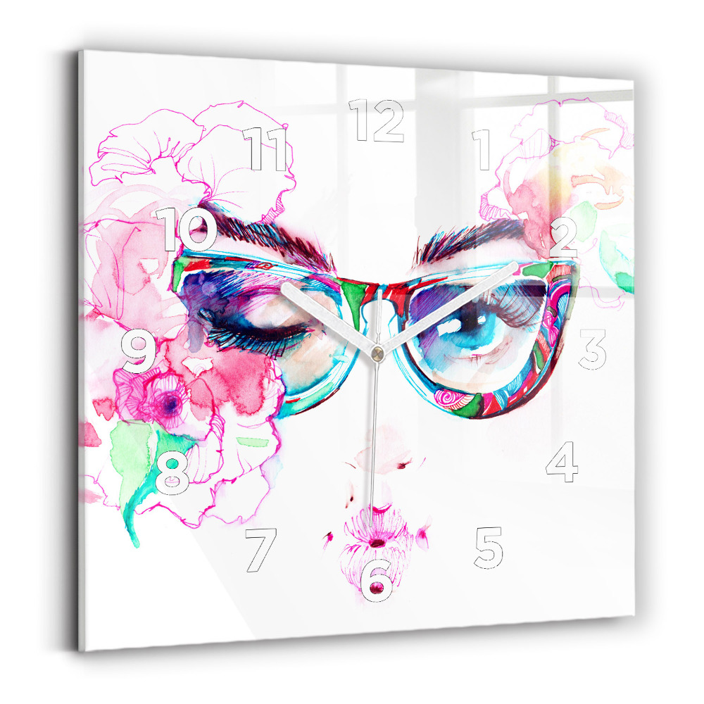 Horloge murale carrée Femme avec des lunettes