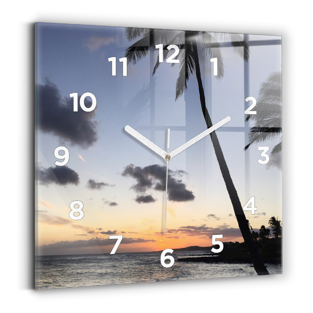 Pendule carrée en verre Palmier et lever de soleil