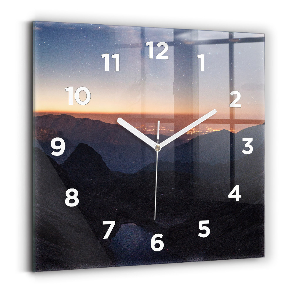 Horloge carrée en verre Montagnes au coucher du soleil