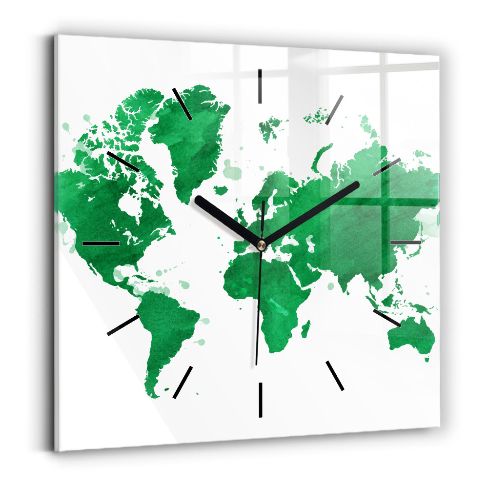Horloge murale carrée Carte du monde verte