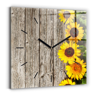 Horloge carrée en verre Tournesols sur planches