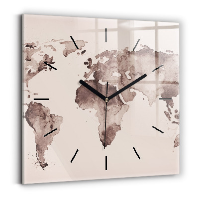 Horloge carrée en verre Carte du monde à l'aquarelle