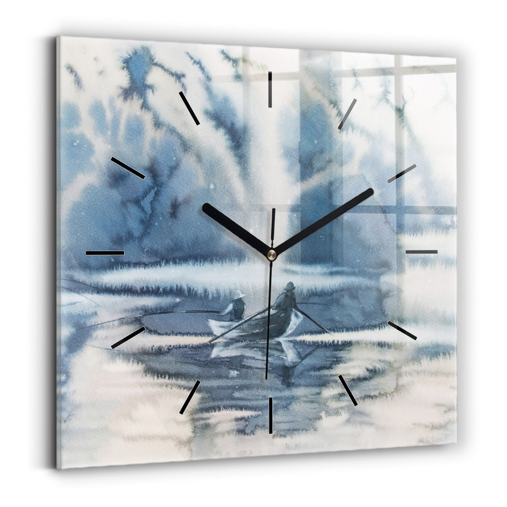 Horloge carrée en verre Lac d'hiver Bateau