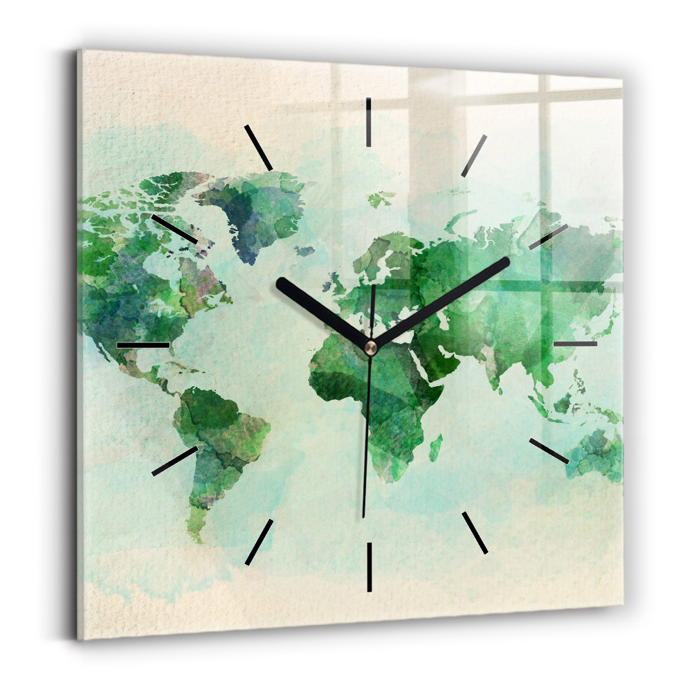 Horloge carrée en verre Aquarelle carte du monde