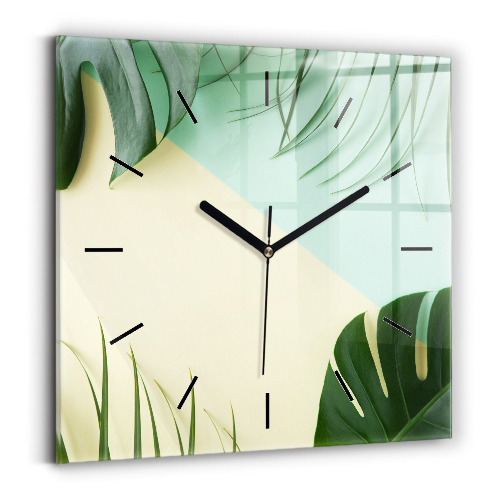 Horloge carrée en verre Feuilles de monstera
