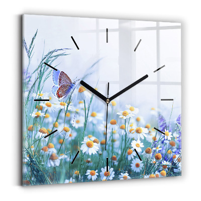 Horloge murale carrée Papillon dans une prairie