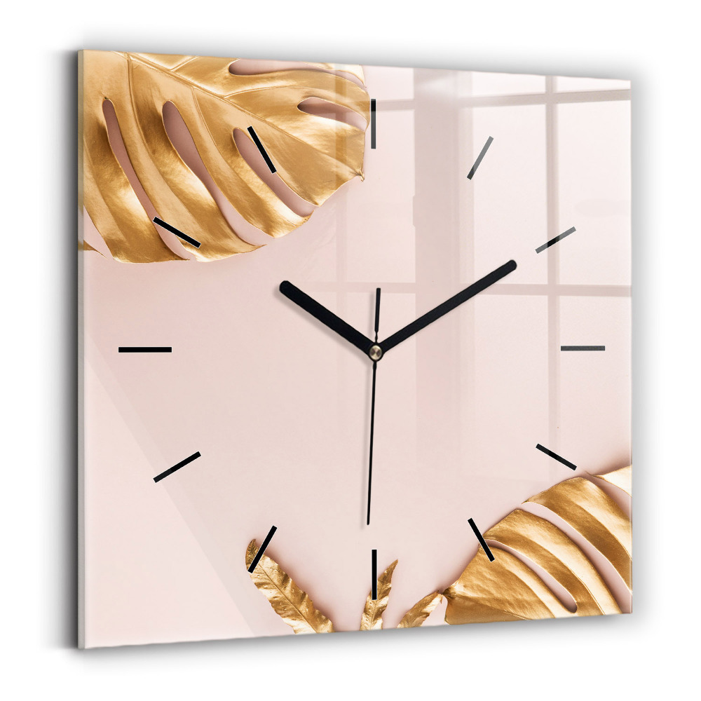 Horloge murale carrée Feuilles tropicales dorées