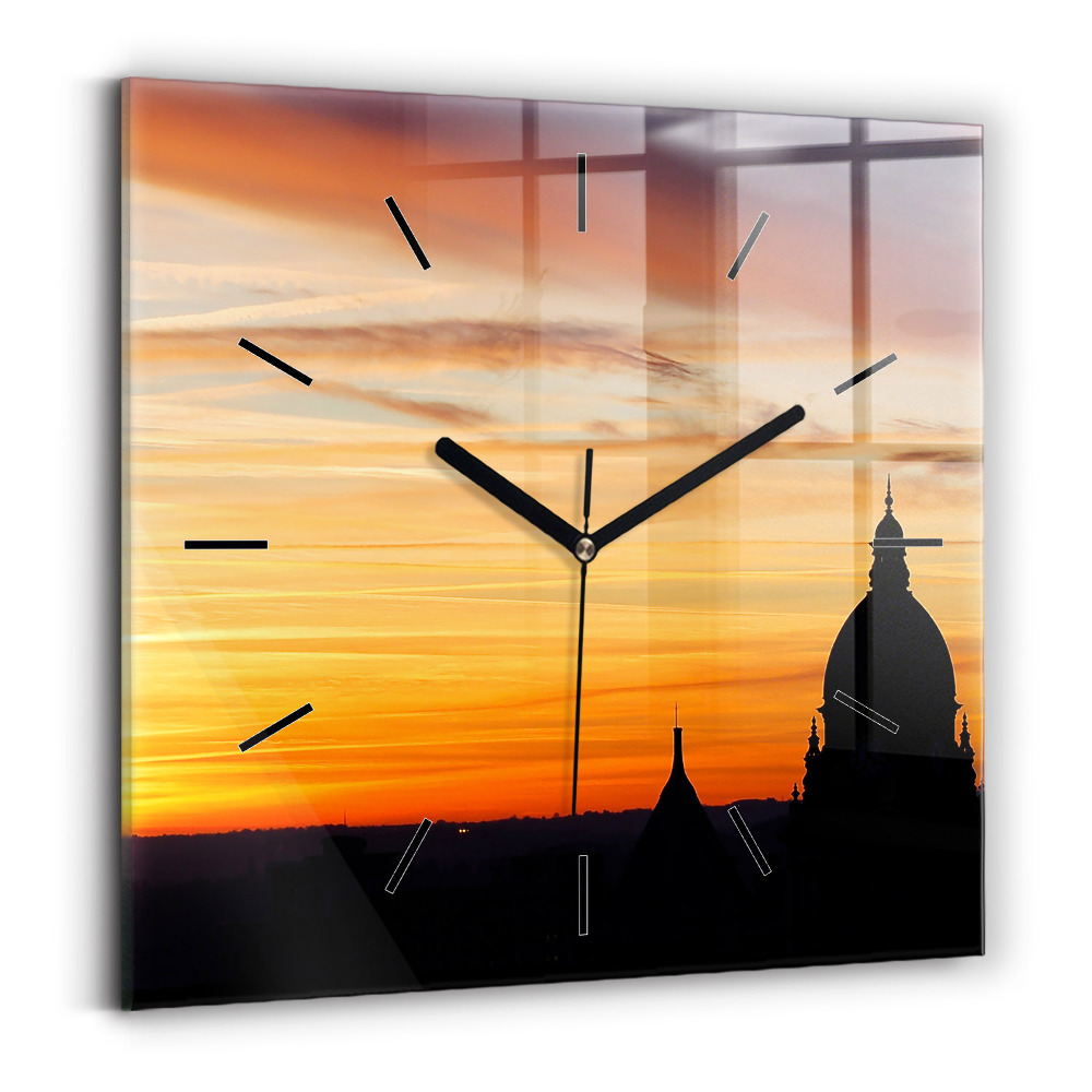 Horloge carrée en verre Bâtiment et coucher de soleil